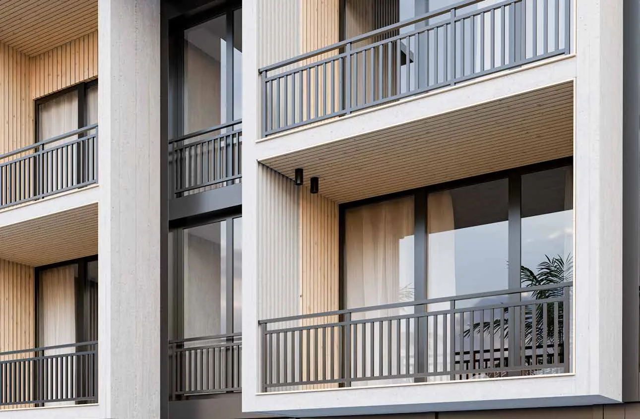 Ahşap cephede kare dikey bariyerli balkon korkulukları