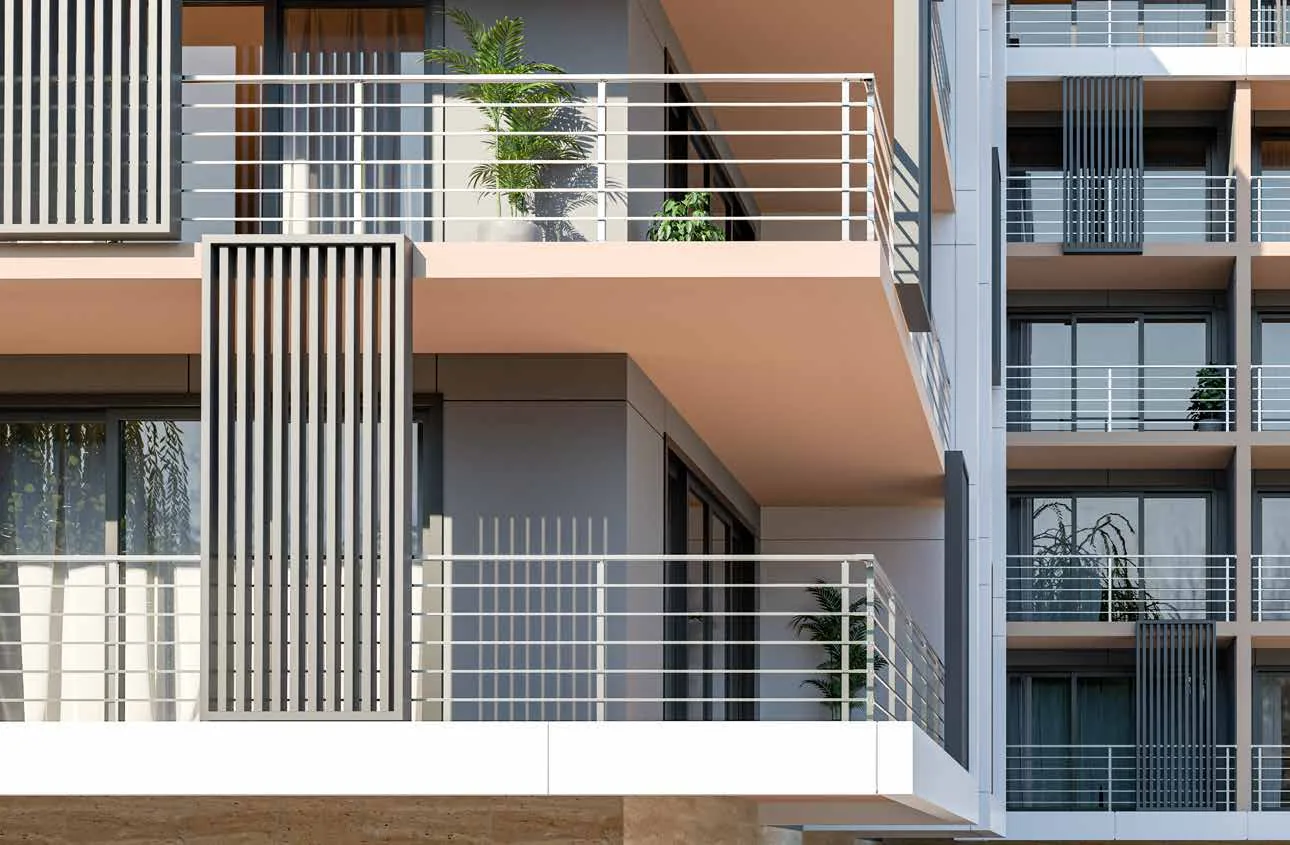 Kare yatay bariyerli balkon korkulukları, dikey güneş kırıcılı cephe