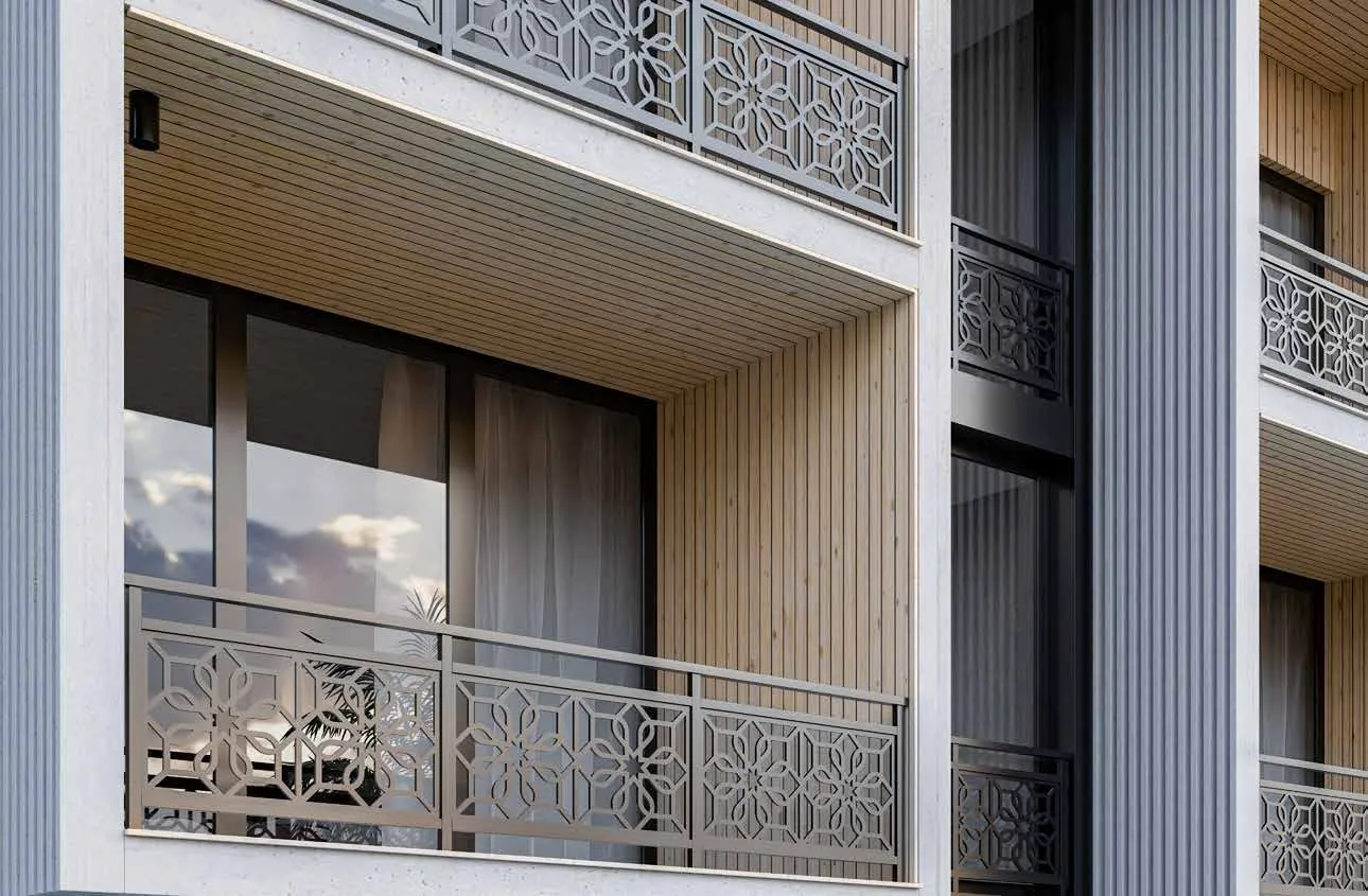 Lazer kesim desenli mesh balkon korkulukları